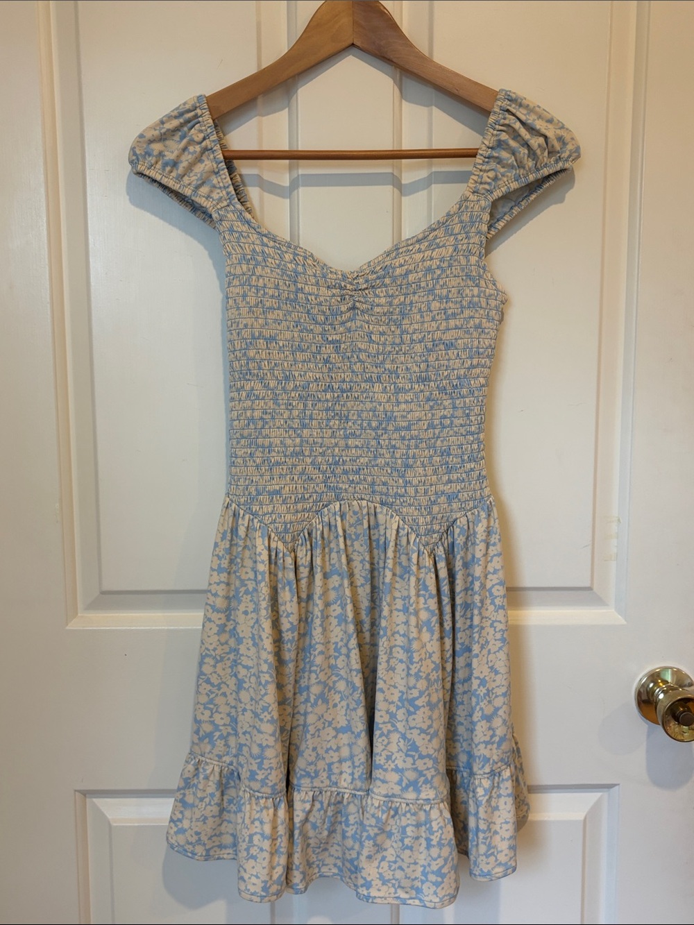 Urban Outfitters Light Blue and Cream Floral Smocked Dress